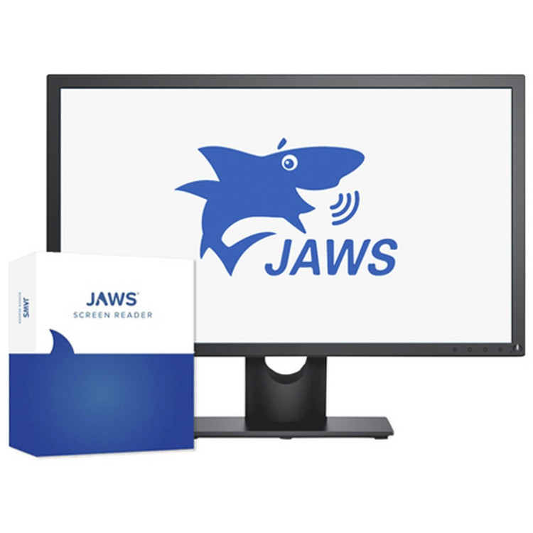 Bilde av JAWS programvare logo en blå tegneserie hai på en dataskjerm